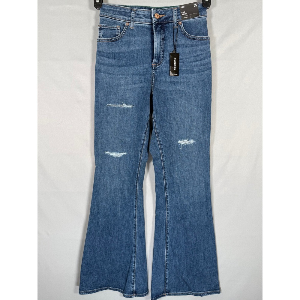 Express Curvy High Rise Flare Jeans Womens 0S Blue Distressed Supersoft Denim‎
